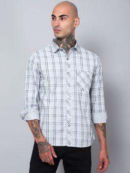 Cantabil - Men Cotton Checkered Grey Full Sleeves Casual Shirt