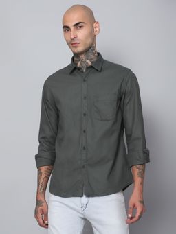 Cantabil - Men Cotton Self Design Green Full Sleeves Casual Shirt