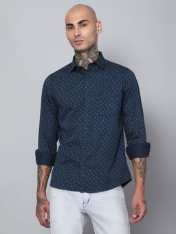 Cantabil - Men Cotton Printed Navy Blue Full Sleeves Casual Shirt