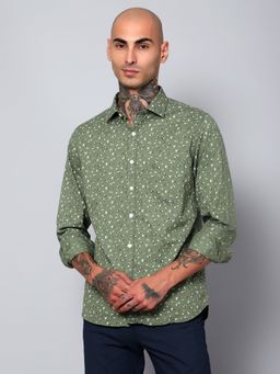 Cantabil - Men Cotton Printed Green Full Sleeves Casual Shirt