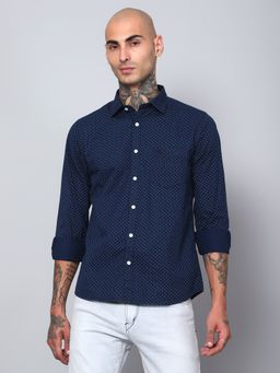 Cantabil - Men Cotton Printed Navy Blue Full Sleeves Casual Shirt