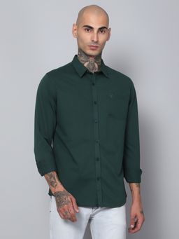 Cantabil - Men Cotton Solid Green Full Sleeves Casual Shirt