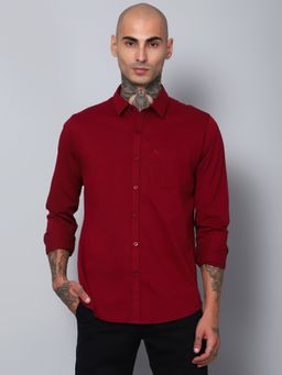 Cantabil - Men Cotton Solid Maroon Full Sleeves Casual Shirt