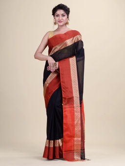 LAA CALCUTTA - Black & Red Cotton Handloom Saree Without Blouse