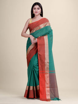 LAA CALCUTTA - Green & Red Cotton Handloom Saree Without Blouse