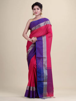LAA CALCUTTA - Pink & Blue Cotton Handloom Saree Without Blouse