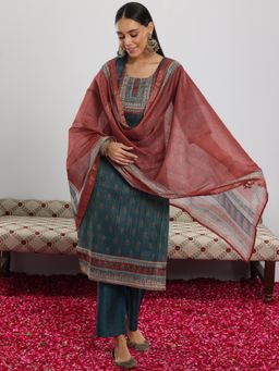 Libas - Teal Silk Blend Printed Kurta Sets for Women