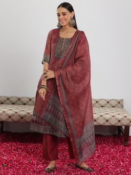 Libas - Maroon Silk Blend Printed Kurta Sets for Women