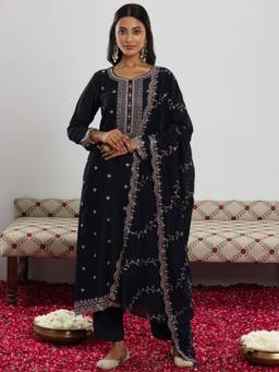 Libas - Navy Blue Silk Blend Embroidered Kurta Sets for Women