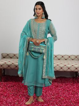 Libas - Sea Green Organza Yoke Design Kurta Sets for Women