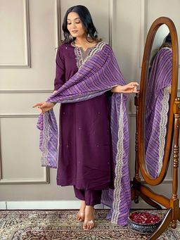 Odette - Women Purple Embroidered Kurta with Pant and Dupatta (Set of 3)