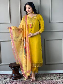 Odette - Women Yellow Embroidered Kurta with Pant and Dupatta (Set of 3)