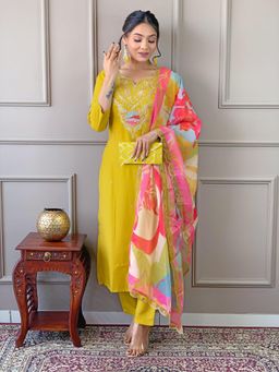 Odette - Women Yellow Embroidered Kurta with Pant and Dupatta (Set of 3)