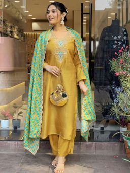 Odette - Women Mustard Embroidered Kurta with Pant and Dupatta (Set of 3)