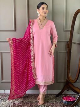 Odette - Women Pink Embroidered Kurta with Pant and Dupatta (Set of 3)