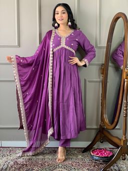 Odette - Women Purple Embroidered Kurta with Pant and Dupatta (Set of 3)
