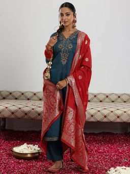 Gerua By Libas - Teal Silk Blend Yoke Design Kurta Sets for Women