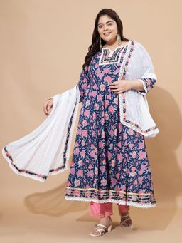 Vbuyz - Women Blue Floral Kurta with Pant and Dupatta (Set of 3)