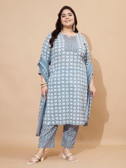 Vbuyz - Women Grey Floral Kurta with Pant and Dupatta (Set of 3)
