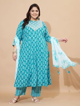Vbuyz - Women Blue Printed Kurta with Pant and Dupatta (Set of 3)