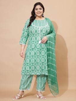 Vbuyz - Women Green Printed Kurta with Pant and Dupatta (Set of 3)