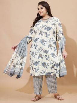 Vbuyz - Women Grey Floral Kurta with Pant and Dupatta (Set of 3)