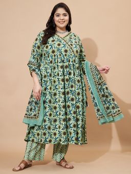 Vbuyz - Women Teal Floral Kurta with Pant and Dupatta (Set of 3)