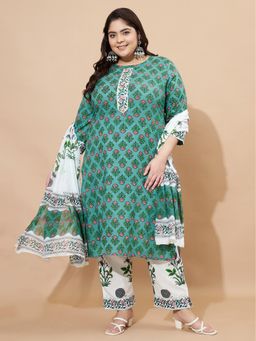 Vbuyz - Women Green Floral Kurta with Pant and Dupatta (Set of 3)