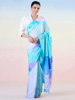 Navyasa By Liva - Blue Liva Jacquard Geometric Print Saree with Unstitched Blouse