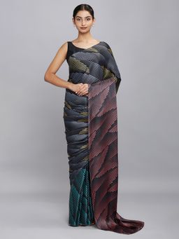 Navyasa By Liva - Black Liva Satin Geometric Print Saree with Unstitched Blouse