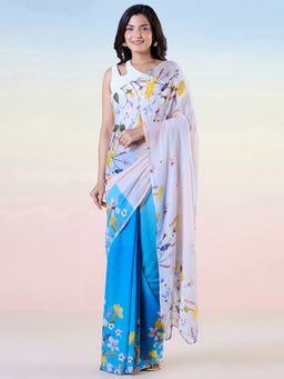 Navyasa By Liva - Blue Liva Chiffon Floral Print Saree with Unstitched Blouse