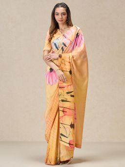 Navyasa By Liva - Yellow Liva Shimmer Floral Print Saree with Unstitched Blouse