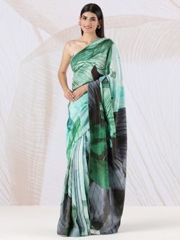 Navyasa By Liva - Blue Liva Shimmer Floral Print Saree with Unstitched Blouse