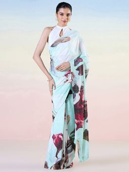 Navyasa By Liva - Blue Liva Jacquard Floral Print Saree with Unstitched Blouse