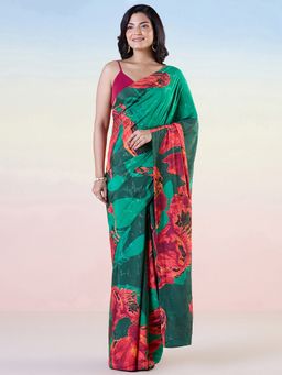 Navyasa By Liva - Green Liva Jacquard Floral Print Saree with Unstitched Blouse