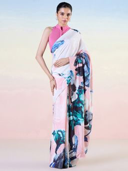 Navyasa By Liva - Pink Liva Jacquard Floral Print Saree with Unstitched Blouse