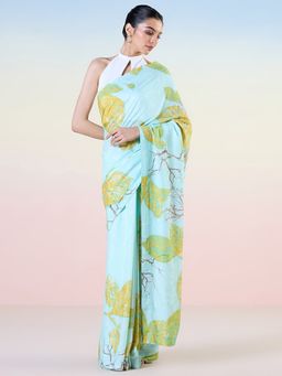 Navyasa By Liva - Blue Liva Jacquard Floral Print Saree with Unstitched Blouse