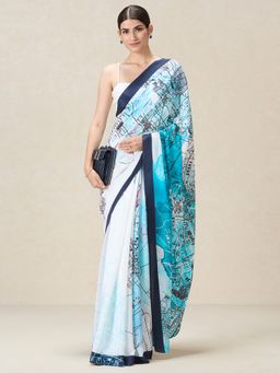 Navyasa By Liva - Blue Liva Crepe Abstract Print Saree with Unstitched Blouse