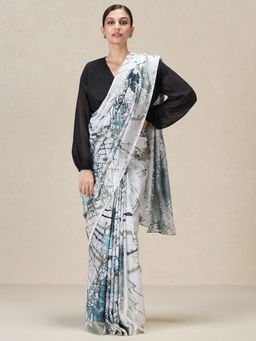 Navyasa By Liva - Grey Liva Satin Abstract Print Saree with Unstitched Blouse