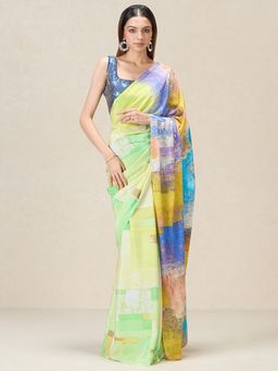 Navyasa By Liva - Multi Color Liva Organza Abstract Print Saree with Unstitched Blouse