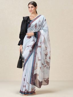 Navyasa By Liva - Grey Liva Organza Abstract Print Saree with Unstitched Blouse