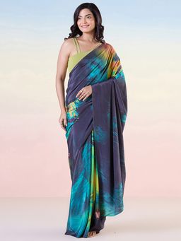 Navyasa By Liva - Blue Liva Crepe Abstract Print Saree with Unstitched Blouse