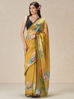 Navyasa By Liva - Yellow Liva Organza Floral Print Saree with Unstitched Blouse