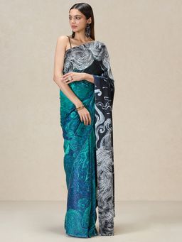 Navyasa By Liva - Blue Liva Satin Abstract Print Saree with Unstitched Blouse