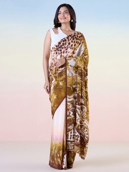 Navyasa By Liva - Brown Liva Crepe Abstract Print Saree with Unstitched Blouse