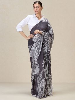 Navyasa By Liva - Black Liva Chiffon Abstract Print Saree with Unstitched Blouse