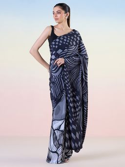 Navyasa By Liva - Black Liva Crepe Abstract Print Saree with Unstitched Blouse
