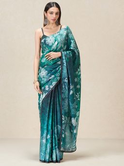 Navyasa By Liva - Green Liva Satin Floral Print Saree with Unstitched Blouse