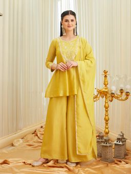 MOKOSH - Womens Yellow Silk Embroidred Beads Peplum Kurti with Sharara & Dupatta