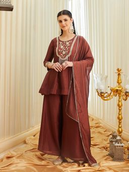 MOKOSH - Womens Brown Silk Embroidred Beads Peplum Kurti with Sharara & Dupatta